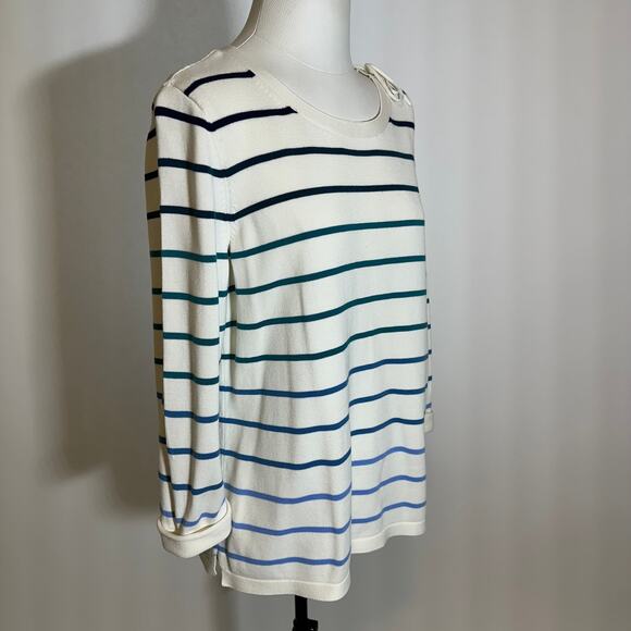 Talbots White Blue Striped Knit 3/4 Sleeve Pullover Sweater Womens Size Large L - Picture 2 of 10